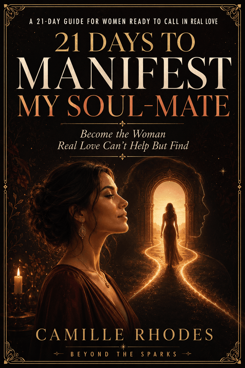 21 Days to Manifest My Soul-Mate,” featuring a woman beside a glowing path leading toward a brighter version of herself