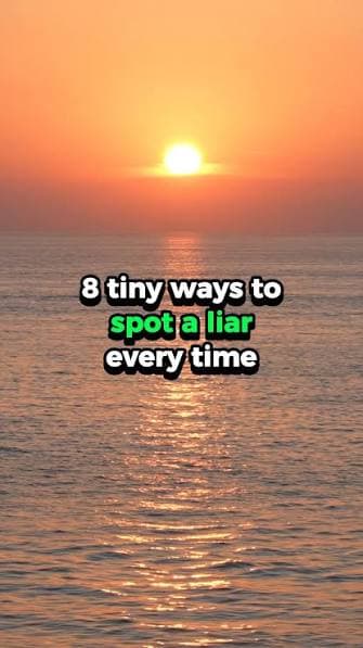 8 tiny ways to spot a liar every time layered over an ocean sunset, representing the search for relationship advice regarding gaslighting, breadcrumbing, and hidden dishonesty.