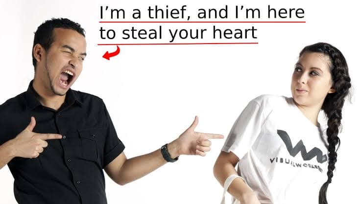 A man using a cheesy, rehearsed pickup line with finger guns while a woman reacts with a skeptical expression, illustrating why flippant openers fail in dating, awkward, cringe.