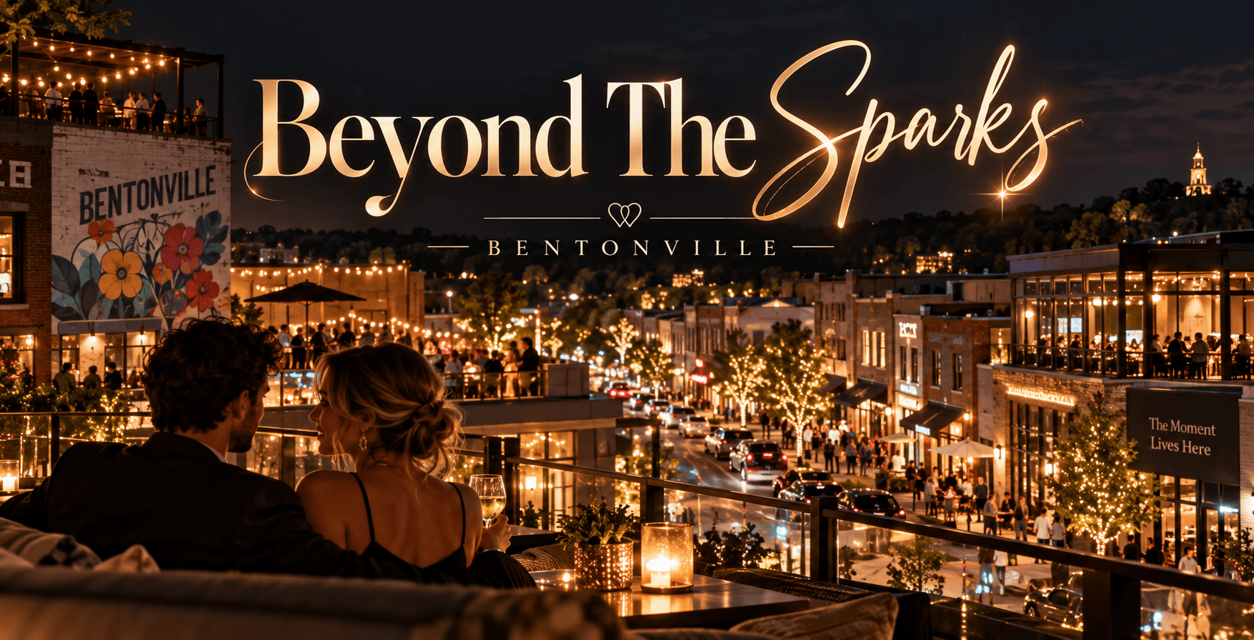 Vibrant nighttime aerial view of illuminated downtown Bentonville square with lively street-level nightlife, outdoor dining, and large white glowing text reading "BEYOND THE SPARKS BLOG POST"